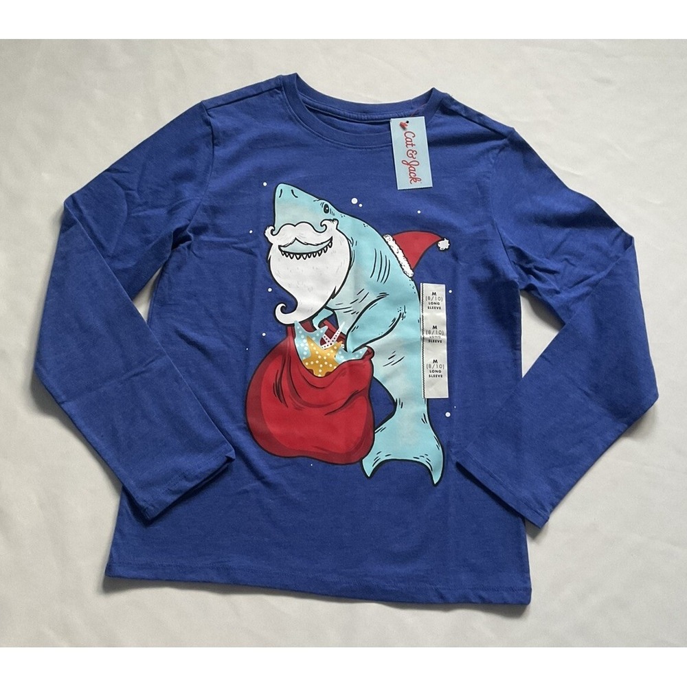 Cat & Jack Blue Long Sleeve Tee With Shark Graphic Holiday Size M 8/10